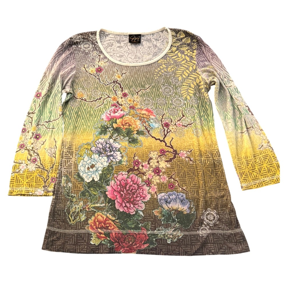 Katina Marie Y2K Euro Art Deco Floral 3/4 Sleeve Top Womens M Rhinestone Multi